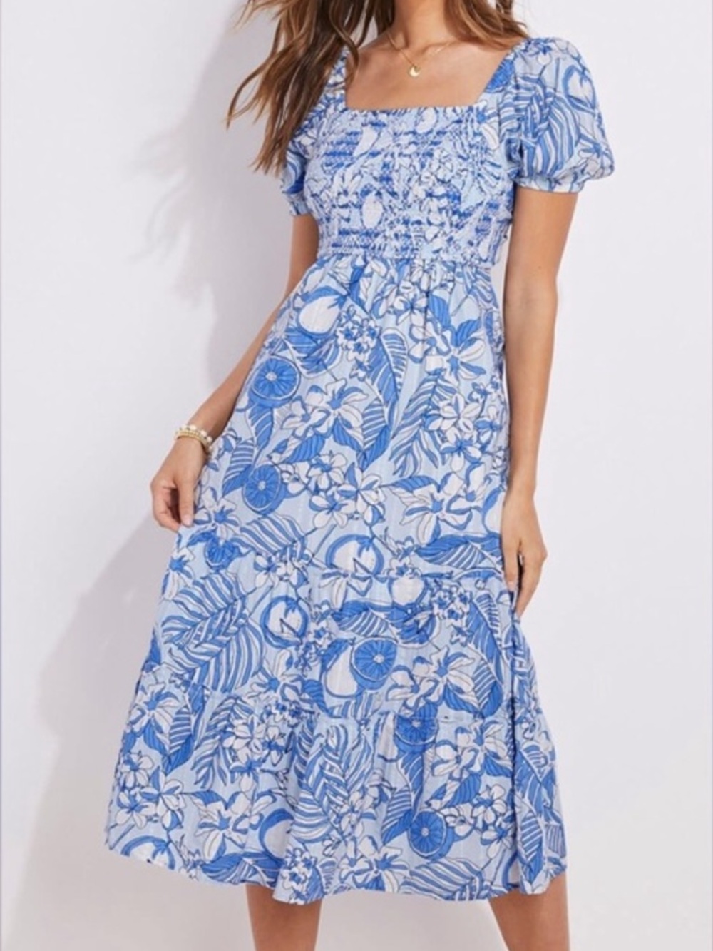 Vineyard Vines Blue and White Floral Smocked Midi Dress
